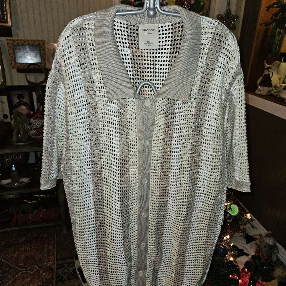 Massive Luxury Men's Cream Open-Knit Cardigan